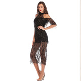 Tassels Sequin Off Shoulder Cut Out Short Sleeve Chic Midi Hollow Out Club Party Dress