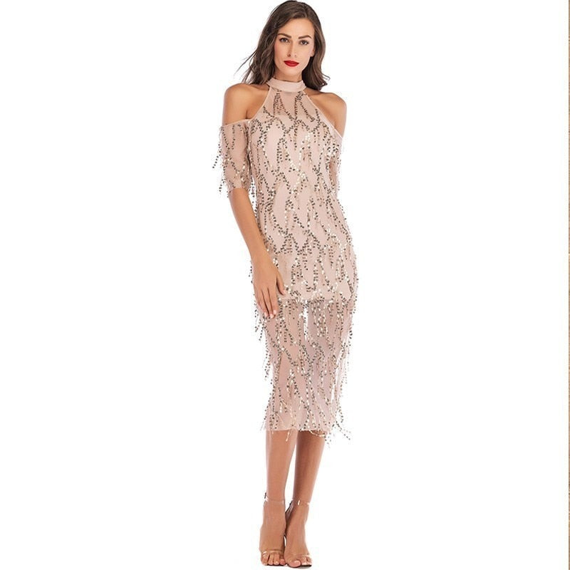 Tassels Sequin Off Shoulder Cut Out Short Sleeve Chic Midi Hollow Out Club Party Dress