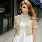 Women Basic Coat Embroidery Ribbon Bead Embellished Short Sleeve Cardigan See-Through Sheer Lace Mesh Bolero Top Jacket