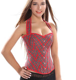 Sexy Women&#39;s Red Plaid Overbust Straps Corset Waist Cincher Outwear Halter Bustier with G-string Plus Size S-6XL