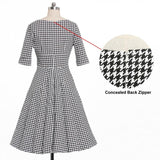 Houndstooth Vintage 50s Rockabilly V Neck Plaid Pin Up Half Sleeve Autumn Party Retro Elegant Dress