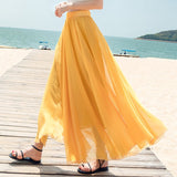 Women Bohemian Chiffon Long Solid Beach Elegant Boho Maxi High Waist Elastic Skirts