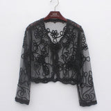Long Sleeve Bolero Thin Perspective Shawl Shrug Top Pearl Button V Collar Mesh Embroidery Lace Cardigans
