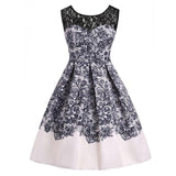 Blue Floral Print Contrast Lace Sweetheart Vintage Backless Party Pleated Rockabilly Summer Dress