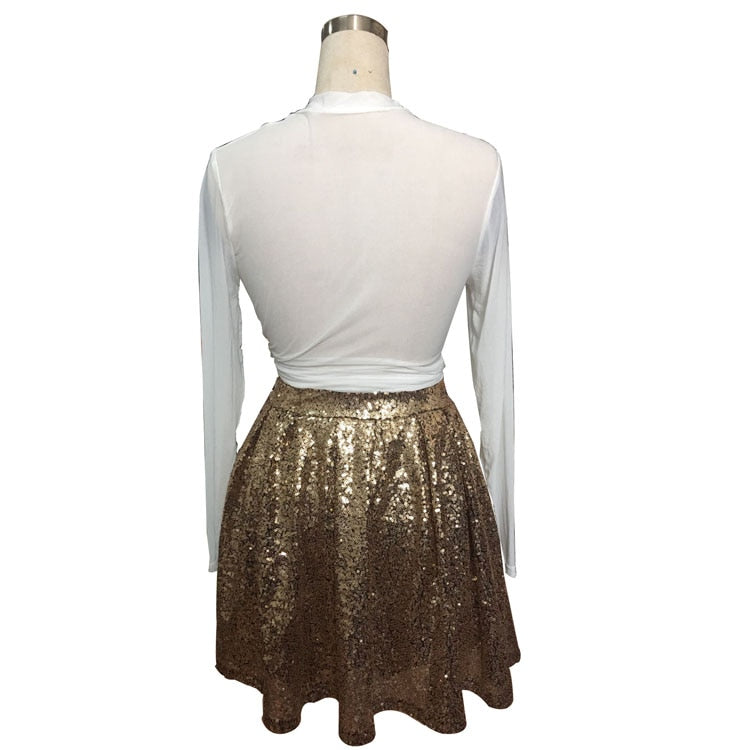 Women Bottoms Gold A-line Sequin Skirt Bling Short Party Pleated Skirt Summer Ladies High Waist Night Out Club Mini Skirt