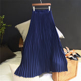 Summer Women Vintage Long Solid Elastic High Waist Party Casual Maxi Pleated Skirt