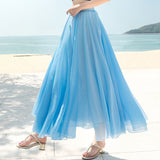 Women Bohemian Chiffon Long Solid Beach Elegant Boho Maxi High Waist Elastic Skirts