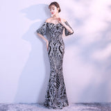 New Flare Sleeve Black Gold Heavy Sequins Evening Dress Boat Neck Formal Evening Party Dress