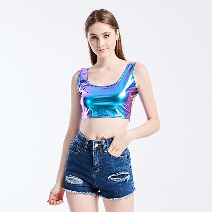 Shiny Women Metallic Rave Dance Festival Clubwear Crop Tank Tops Short Vest Summer Sleeveless Scoop Neck Holographic Top