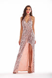 Rose Gold Sequin Long Backless Halter Sexy Sashes Chic Wrap Robe Elegant Evening Party Maxi Dress