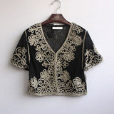 Muslim Style Summer Thin Short Sleeve V Neck Cardigan Bolero Embroidery Floral Rhinestone Lace Mesh Shrugs Jacket