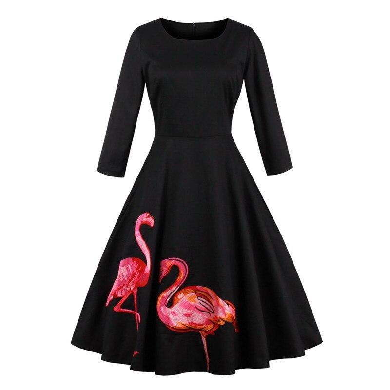 Flamingo Embroidered Vintage Women Black Retro Autumn Cotton Flare Dress