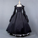 Halloween Costume Vintage Gothic Dress Dark Queen Retro Royal Long Sleeve Black Floor-Length Dress With Cloak