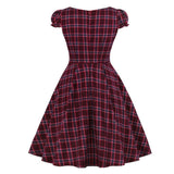Burgundy Vintage Puff Sleeve Plaid Cotton Elegant Gingham Casual Women Plus Size 5XL Dress