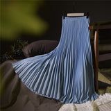 Summer Women Vintage Long Solid Elastic High Waist Party Casual Maxi Pleated Skirt