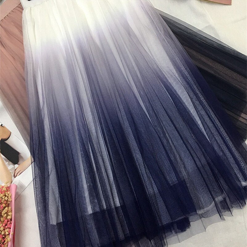 Long Tulle Women Gradient Korean Elegant High Waist A-line Ladies Pleated School Midi Skirt