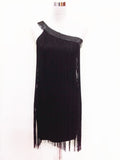 Sequin Sexy One Shoulder Slim Bodycon Latin Tango Dance Fringe Tassel Dress Sleeveless Mini Sloping Shoulder Dress