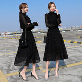 Black Party Elegant Mesh Sleeve Spring Autumn Polka Dot Solid Dress Women Fashion Dresses