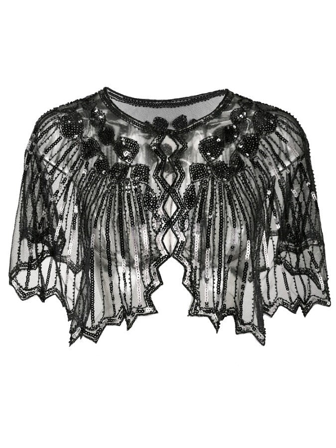 Retro Geometric Sequin Beaded Cape Vintage 1920s Shawl Wraps Flapper Cover Up Women Lady Mesh Scarf for Party Evening Gown Shrug