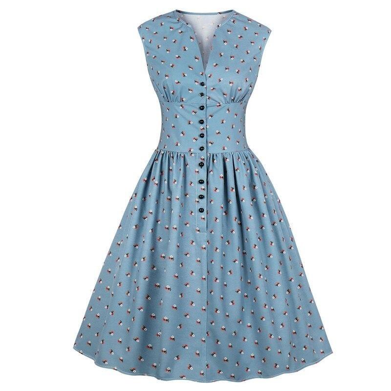High Waist Vintage Button Up Pleated Shirt Sleeveless Summer Casual Tunic Retro Dress