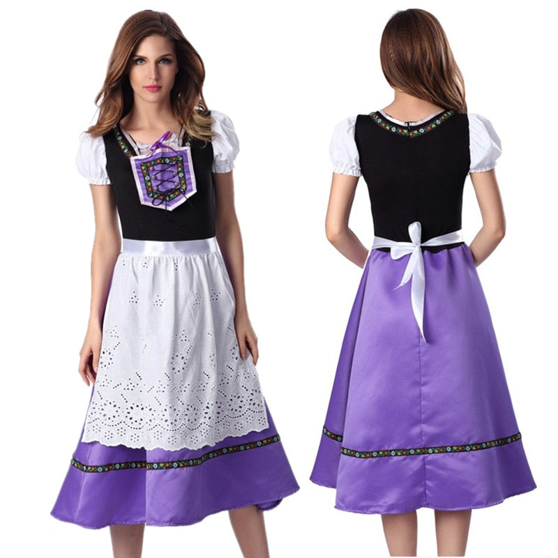 Oktoberfest Maid Dirndl Peasant Purple Long Dress Bavarian Octoberfest Beer Girl Costume Halloween Fancy Dress