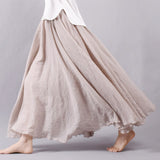 Women Linen Cotton Long Elastic Waist Maxi Beach Boho Casual Lady Vintage Pleated Skirt