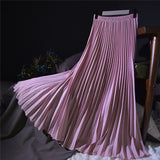 Summer Women Vintage Long Solid Elastic High Waist Party Casual Maxi Pleated Skirt