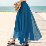 Women Bohemian Chiffon Long Solid Beach Elegant Boho Maxi High Waist Elastic Skirts