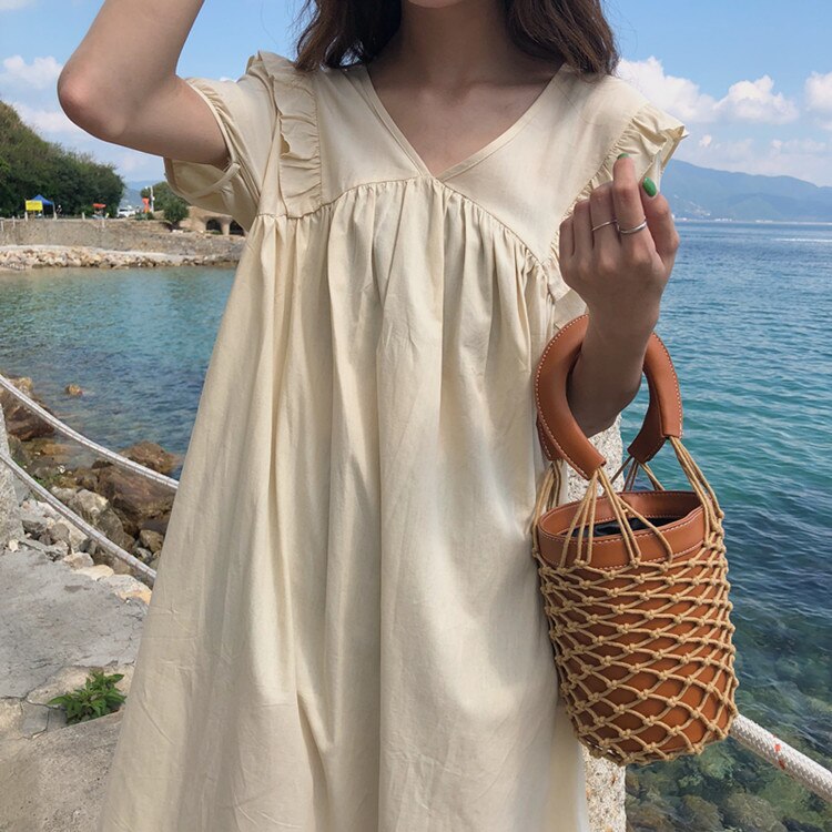 Women's Kawaii Lovely Dresses Ins Chic Loose Wooden Eared V-neck High Waist Dress Female Sweet Harajuku Punk Clothes For Women