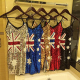 V-Neck Sleeveless Australia Flag Sequin Shiny Club Dress Summer Adjustable Strap Bodycon Mini Cami Dress