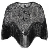 Women 1920s Flapper Embroidery Fringe Shawl Cover Up Gatsby Party Beaded Sequin Cape Vintage Mesh Scraf Wraps for Dresses