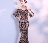 New Flare Sleeve Black Gold Heavy Sequins Evening Dress Boat Neck Formal Evening Party Dress