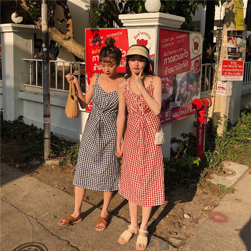 Women's Kawaii Lovely Dresses Ins Chic Vintage Plaid Strap Dress Female Sweet Harajuku Punk Clothes For Women Summer Office