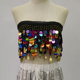 Beach Rave Festival Outfits Rainbow Beading Short Tanks Tube Dance Show Colorful Sequin Tassel Chiffon Crop Top