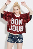 BON JOUR Hip Hop Street Dance Jazz Pub Bars Costumes Loose Oversized Letter Sequins Paillette Boxy T-Shirt Top Tee