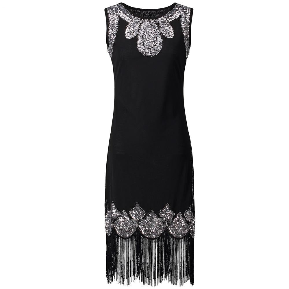 Stretchy Little Black Midi Vestido 1920s Vintage Beaded Fringe Sequin Flapper Dress