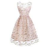 Little Flowers Embroidery Mesh Pink Deep V Back Pleated Simple Summer Casual Dress