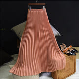 Summer Women Vintage Long Solid Elastic High Waist Party Casual Maxi Pleated Skirt