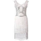1920s Gatsby Charleston Sequin White Bead Fringe Flapper Dress Vestido Robe Double V-Neck Sleeveless Tiered Tassel Party Dress