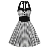 Gingham 1950s Halter Button Front Vintage Plaid Party Pin Up Fit and Flare Backless High Waist Retro Dress