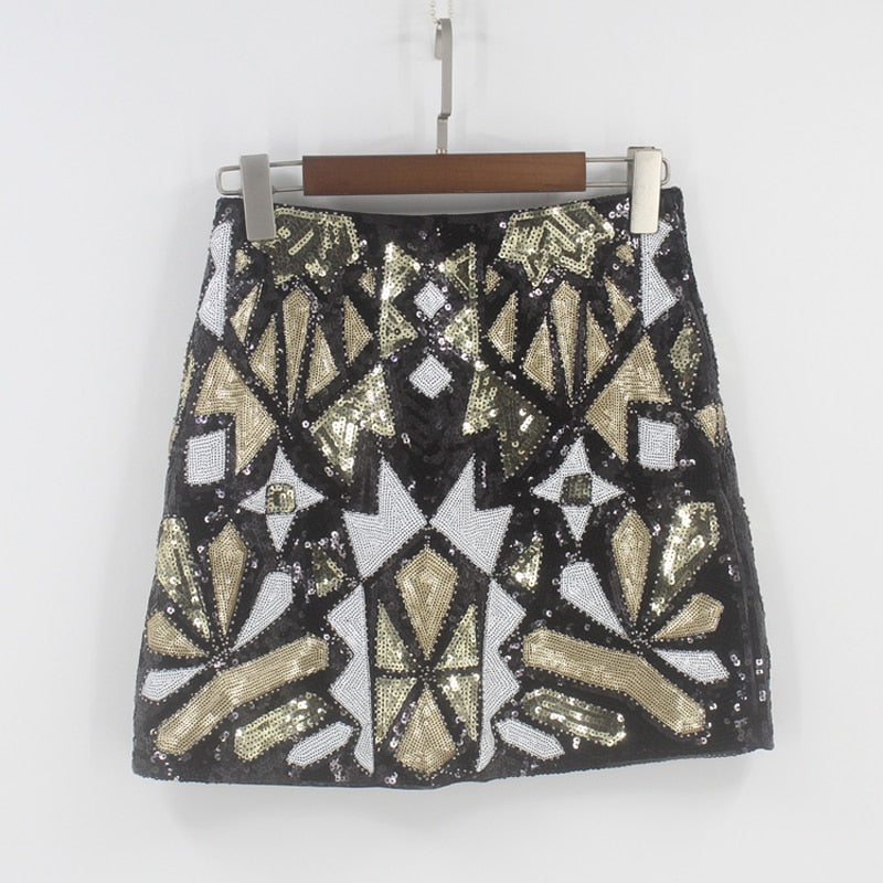 Retro 1920s Gatsby Flapper Party Geometric Colorblock Beaded Sequin Skirt Women Pencil Jupe Falda Baroque Skirt