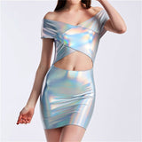 Women Skinny Shiny Laser Holographic Mini Hollow Out Patchwork Low Cut Dresses