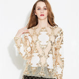 Luxury Designer See-Through Lace Shirt Top Long Sleeve Heavy Beaded Diamond Embroidery Sequined Blouse Mujer