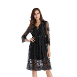 V Neck Long Sleeve Sequin Party See-Through Mesh Midi Female Embroidery Floral Vestido Wrap Dress