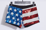 Sexy Club Dance Performance American US Flag Sequin Stars and Stripes Elastic Waist Stretchy Mini Women Summer Shorts