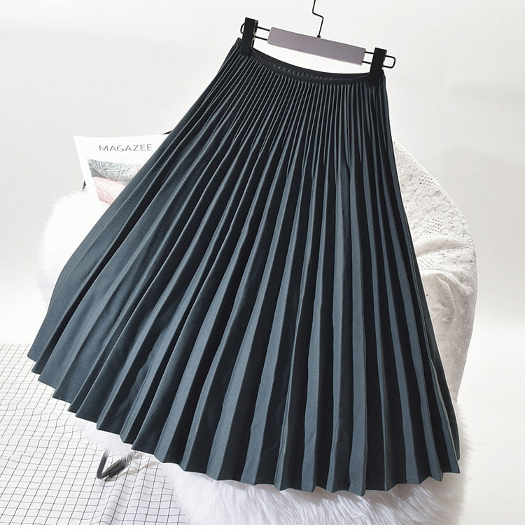 New Autumn Women Vintage High Waist Pleated Casual Loose Solid Stretch Skirts