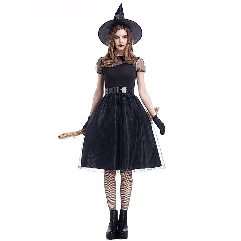 Black Gothic Witch Costume For Adult Women Purim Halloween Cosplay Party Wizards Fancy Dress