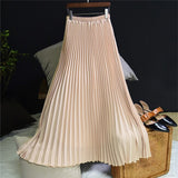 Summer Women Vintage Long Solid Elastic High Waist Party Casual Maxi Pleated Skirt