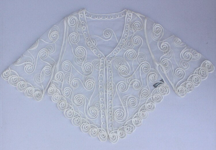 Large Size Retro Women Lace Stitching Embroidery Floral Cardigan Half Flare Sleeve V Neck Beach Holiday Sheer Caple Coat