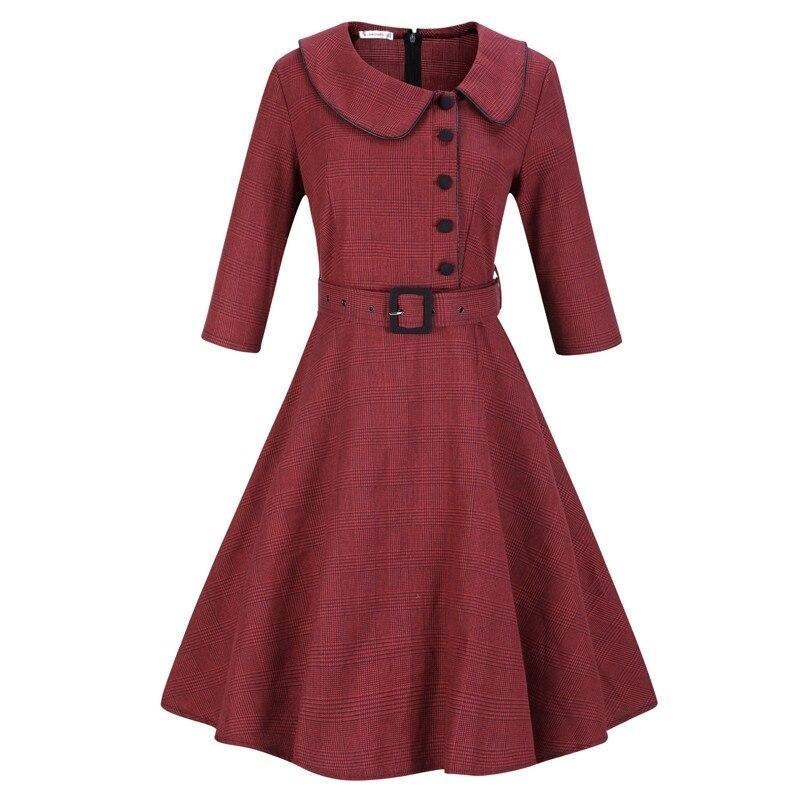 Burgundy Button Up Vintage Plaid Cap Sleeve Office Lady Summer Tunic Retro A Line Dress
